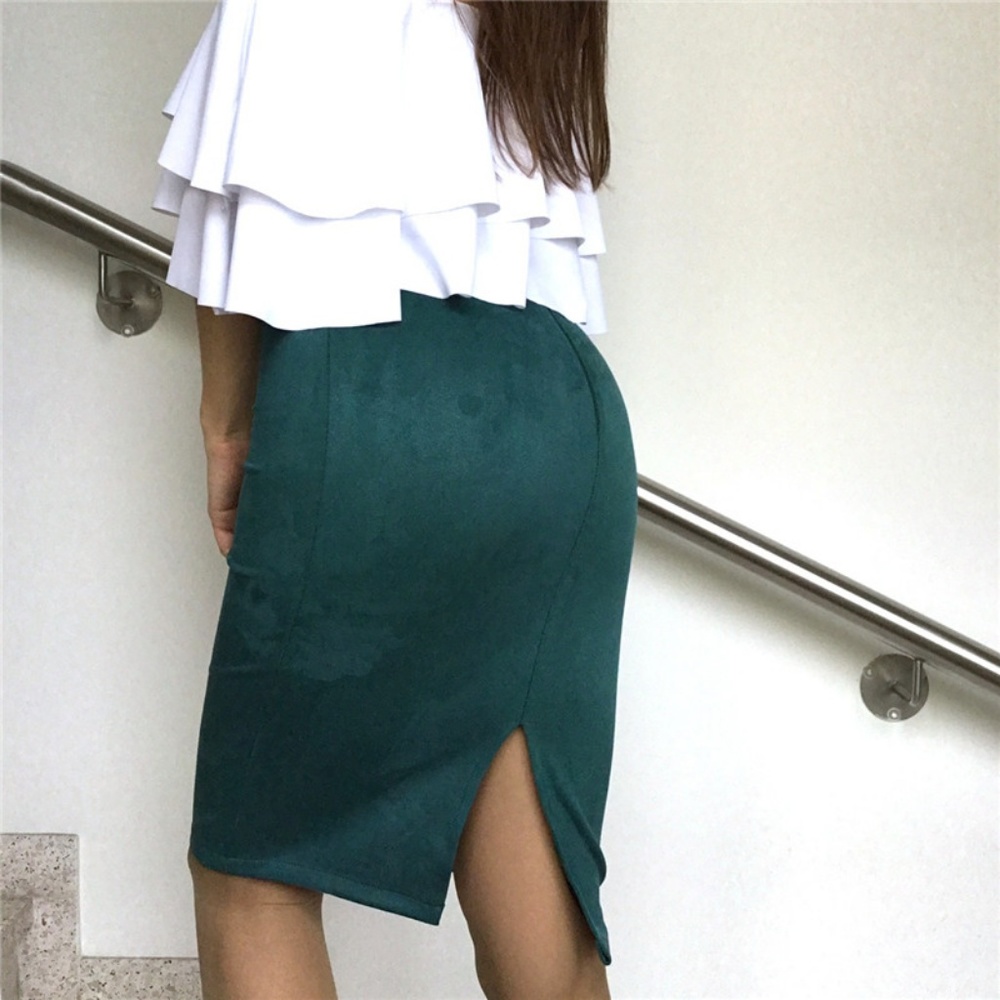 Womens Suede Pencil Midi Skirt in Peacock Green - Picture 3 of 6